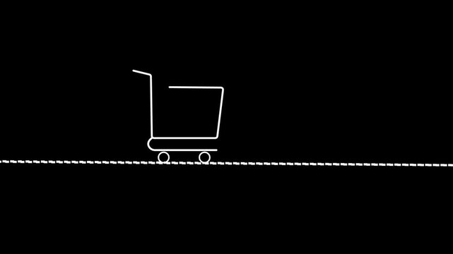 Minimalist white shopping cart moving along a dotted line path on a dark black background