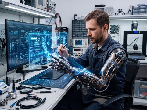 Engineer designing bionic robotic prosthetic arm in high tech lab