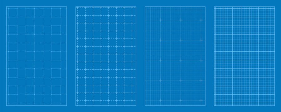 Blue grid background collection. Square blueprint notebook sheets, editable stroke paper texture for technical drawings, planners, templates and minimalist vector design