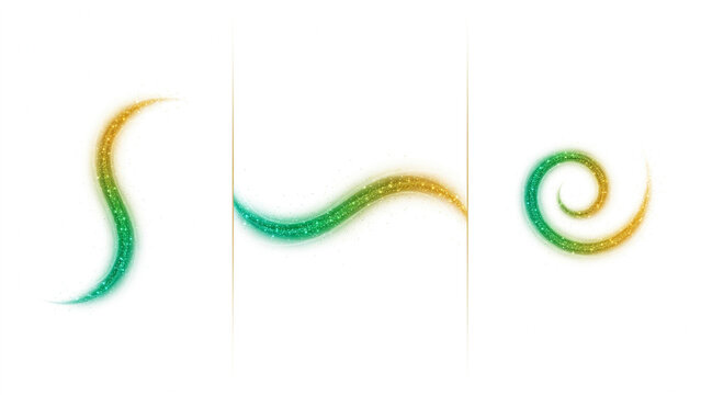 Set of three glowing green and gold glittering swirls and curves on a white background