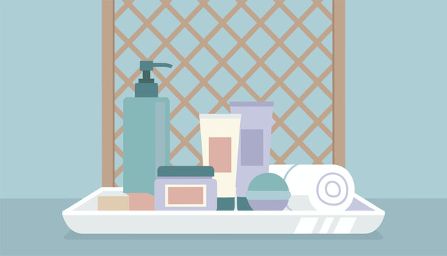 Collection of beauty and self care products including lotions, cream jars, bath bombs, and towels neatly organized on a white bathroom tray.