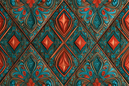 A colorful 3D embossed ornament with an ethnic zentangle pattern and background