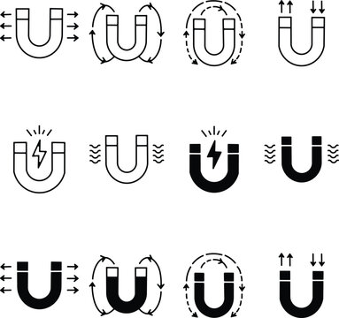 Set of horseshoe magnet icons showing magnetic fields and electrical power in flat and outline styles