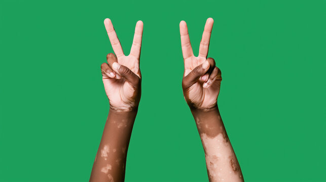 Two raised hands with visible vitiligo patches on wrists and forearms making peace signs against a green background, acral vitiligo, depigmentation, leukoderma, achromic macules, m