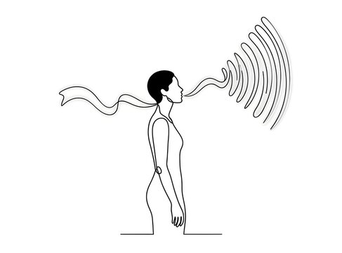 Continuous line art silhouette of a person speaking up to break mental health stigma