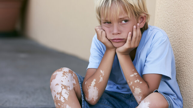 Young blond boy with visible vitiligo patches on his arms and legs sitting alone with his face resting in both hands, sad expression, pediatric vitiligo, childhood depigmentation,