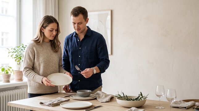 Engaged couple compare elegant dining table settings