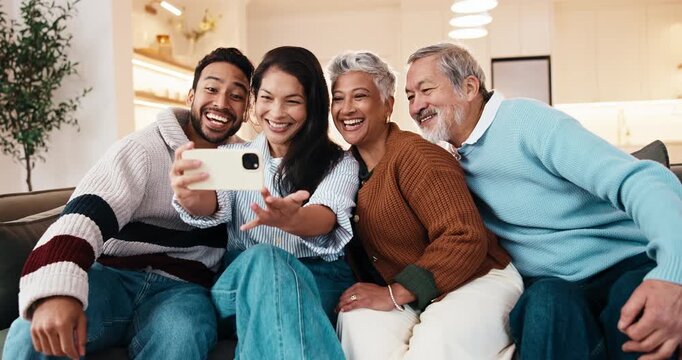 Selfie, family and relax in home for photography, weekend picture or bonding together on sofa. People, adult son or daughter with senior man and woman for capture moment, visit or memory in house