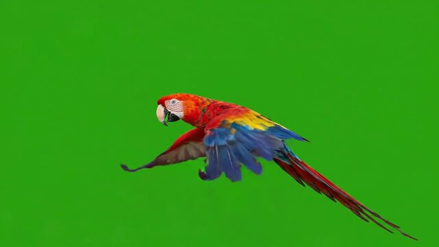 Scarlet macaw flying in slow motion isolated on green screen chroma key background, parrot bird flight
