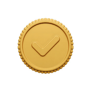 3D golden coin with check mark symbol isolated