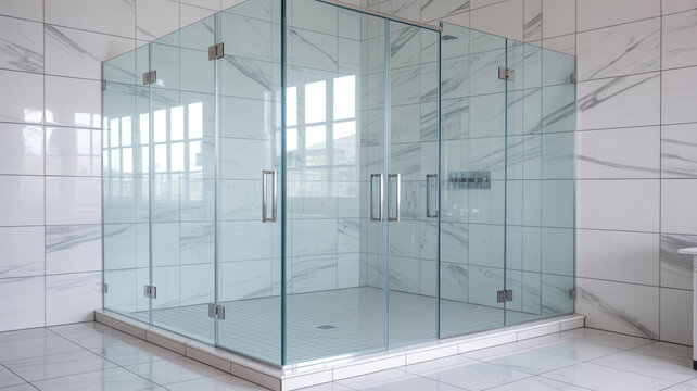Modern glass shower enclosure in a clean, contemporary bathroom
