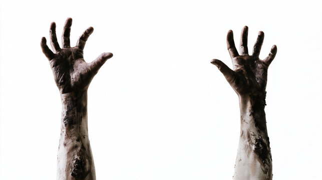 Zombie hands reaching upward with decayed skin, dark stains and dirty wounds isolated on a white background, Halloween horror, undead arms, walking dead, infected creature, creepy