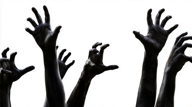 Multiple undead arms rising from below with twisted fingers and damaged darkened skin against a clean white backdrop, zombie apocalypse, Halloween monster, corpse hands, horror pro