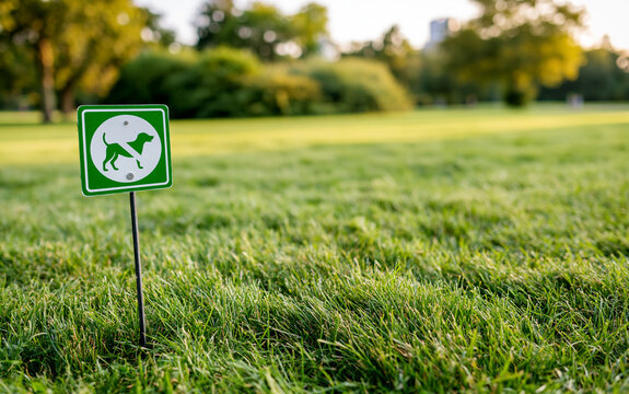 Green sign with no dog symbol on lawn in park