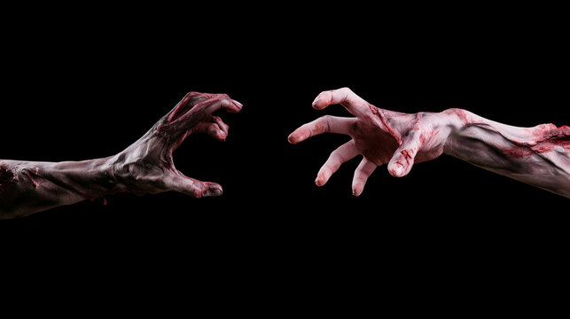 Two zombie hands reaching forward from opposite sides against a black background, twisted fingers with decayed skin and bloody wounds, Halloween horror, undead creature, corpse lim