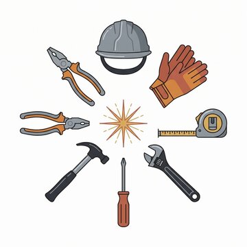 Colorful illustration of construction tools and protective equipment including hard hat, work gloves, pliers, hammer, screwdriver, wrench, and measuring tape.