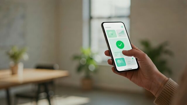 Smartphone with app interface and checkmark icon