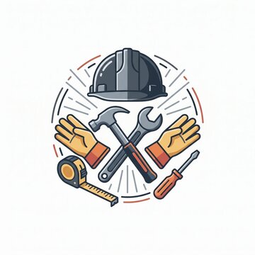 Modern colorful illustration featuring a protective hard hat, work gloves, hammer, wrench, screwdriver, and measuring tape for construction and workplace safety concepts.