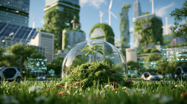 Nahaufnahme einer Glaskuppel mit Gras im Vordergrund vor futuristischer gr&uuml;ner Stadt, gr&uuml;n-blaue Farbpalette, digital-realistischer Stil, f&uuml;r Umweltkampagne.