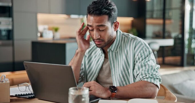 Man, headache and remote work in house with laptop, online research and pressure for difficult job. Tired, person and freelancer in home with computer, migraine and burnout from business challenge.