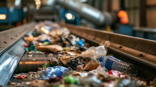 A conveyor belt in a recycling facility filled with various types of waste, including plastic bottles and paper. Workers are visible in the background.