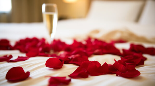 Red rose petals scattered across a white hotel bed with a champagne glass softly blurred in the background, romantic bedroom, honeymoon decoration, wedding night, anniversary surpr