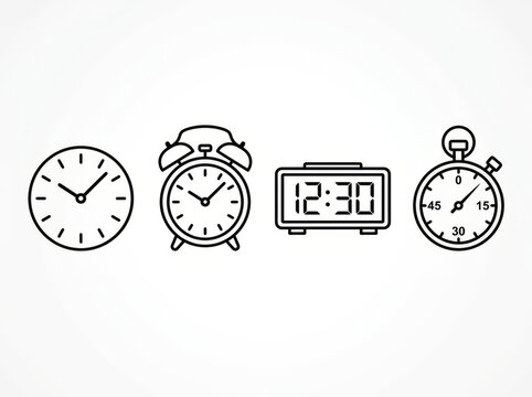 Collection of black and white clock icons in line art style.