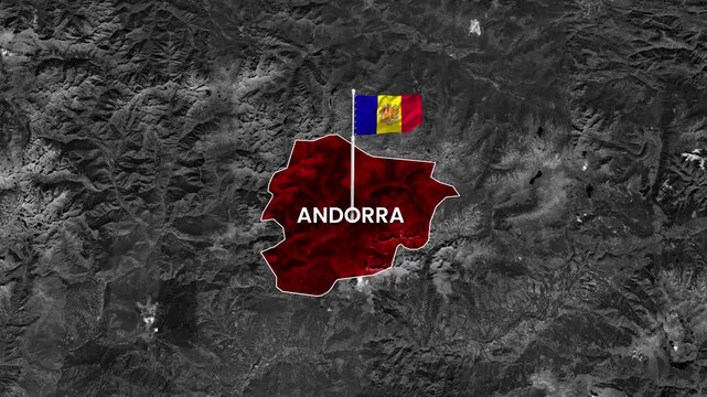 Andorra country map animated motion footage featuring waving national flag overlay