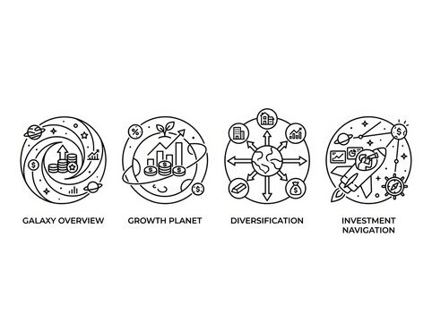 Illustrated icons representing business growth and investment concepts.