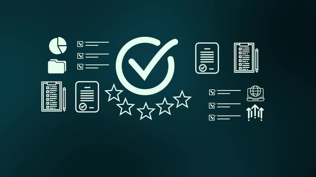 Quality assurance checklist animation for verification, compliance review, approval, and process control.