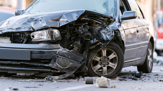 Heavily damaged car after a serious road accident with a deformed front section and debris surrounding the vehicle, traffic collision, driving danger, crash aftermath, road hazard,