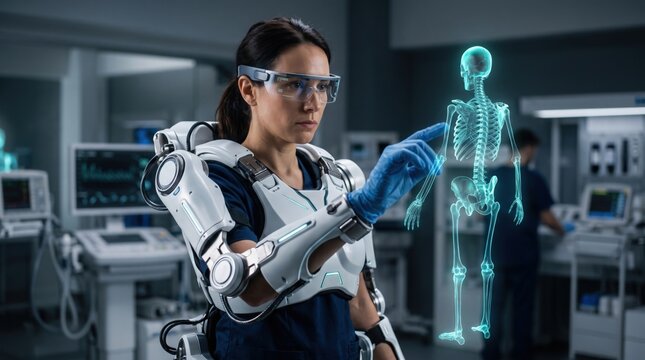 Female surgeon using a robotic arm to manipulate a holographic skeleton in a futuristic hospital