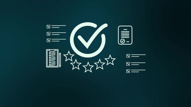 Customer satisfaction evaluation concept with large approval checkmark, rating stars, digital checklist, feedback forms, and quality assessment symbols.