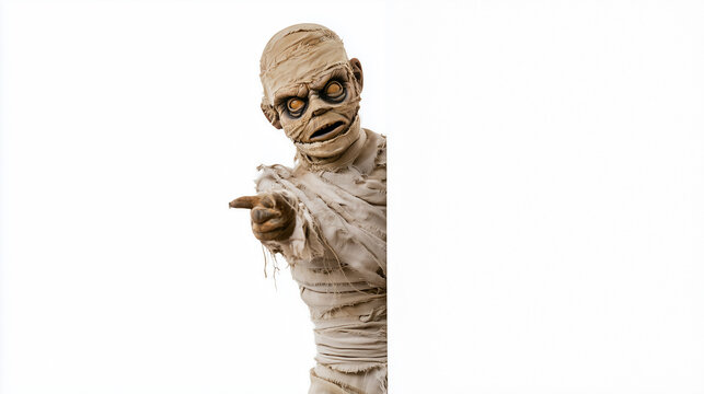 Mummy character wrapped in aged beige bandages peeking from behind a white wall and pointing sideways with one hand, Halloween mummy, undead creature, ancient curse, spooky charact