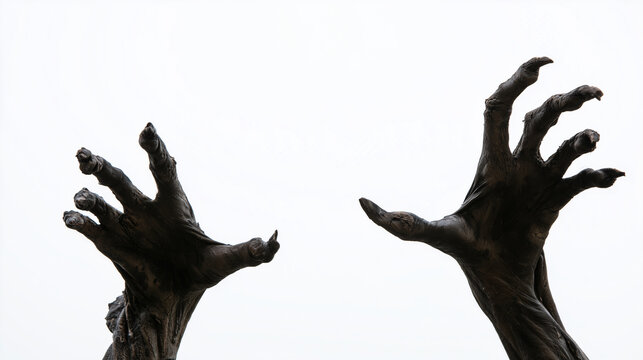 Pair of rotting undead hands reaching from below with twisted fingernails and weathered dark skin against a clean white backdrop, Halloween zombie, decomposing corpse, horror prost
