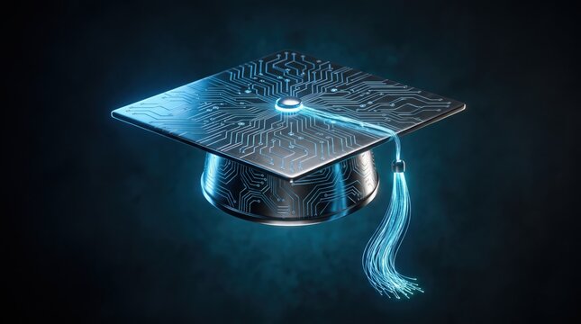 Futuristic digital graduation cap with glowing blue circuit patterns symbolizing modern online education
