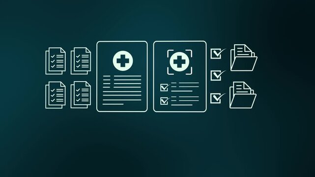 Medical document verification and digital approval workflow with healthcare forms, checklists, validation icons, and secure record management.