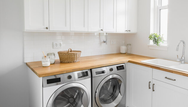 Modern laundry room interior with clean white cabinets, wooden countertop, washing machines, and subway tile backsplash.