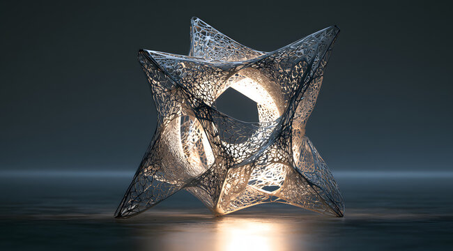 A complex geometric sculpture featuring an open mesh design, internally illuminated by subtle light, showcasing a modern and futurist aesthetic.