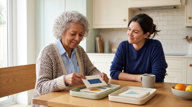 Grandmother sorts safety cards at a breakfast bench