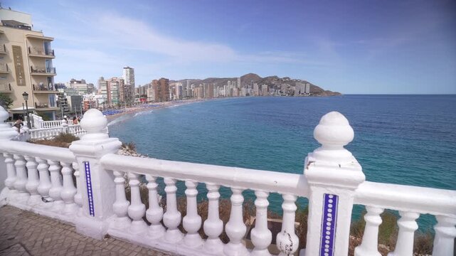 View of sea and hotels and high rise buildings lining coastline of Playa Levante sandy beach, Benidorm, Alicante Province, Costa Blanca, Spain