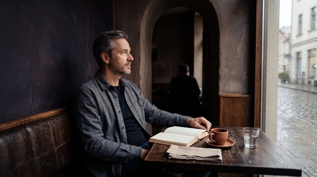 Reader takes a reflective pause in a cafe alcove