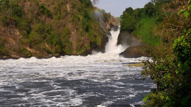 Powerful murchison falls cascading through a narrow gorge into the turbulent victoria nile river, creating white foam on the dark water amidst a lush green tropical african rainforest
