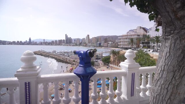 View of coastline and Cala del Mal Pas sandy beach from old town Benidorm, Benidorm, Alicante Province, Costa Blanca, Spain