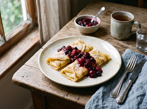 Cheese blintzes with berry compote served at a rustic table