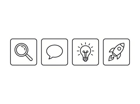 Modern icons representing discovery, communication, innovation, and progress.