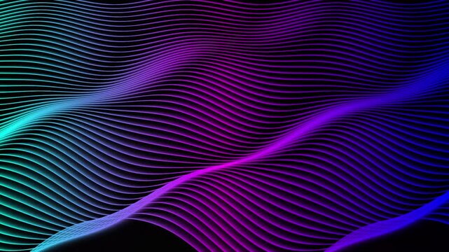 Neon blue and purple abstract waves flowing in a digital motion video animation featuring smooth rhythmic patterns and vibrant light gradients on a dark background