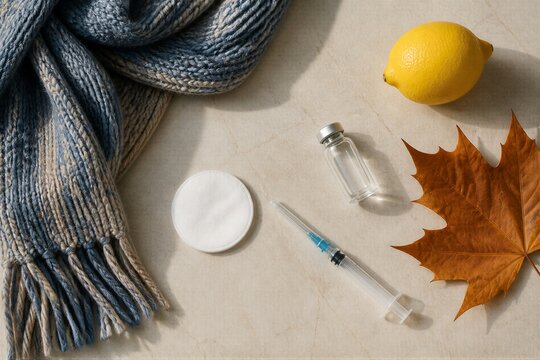 Syringe with vaccine vial, cotton pad, knitted scarf, lemon and autumn leaf on beige background.