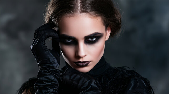 Young fashion model with gothic makeup and long black gloves posing in an elegant Halloween look, dramatic eye makeup, pale complexion, dark lips and a mysterious expression, gothi