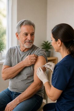 Nurse woman giving vaccine injection to senior man at home. Elderly patient receiving flu shot in arm from female doctor.